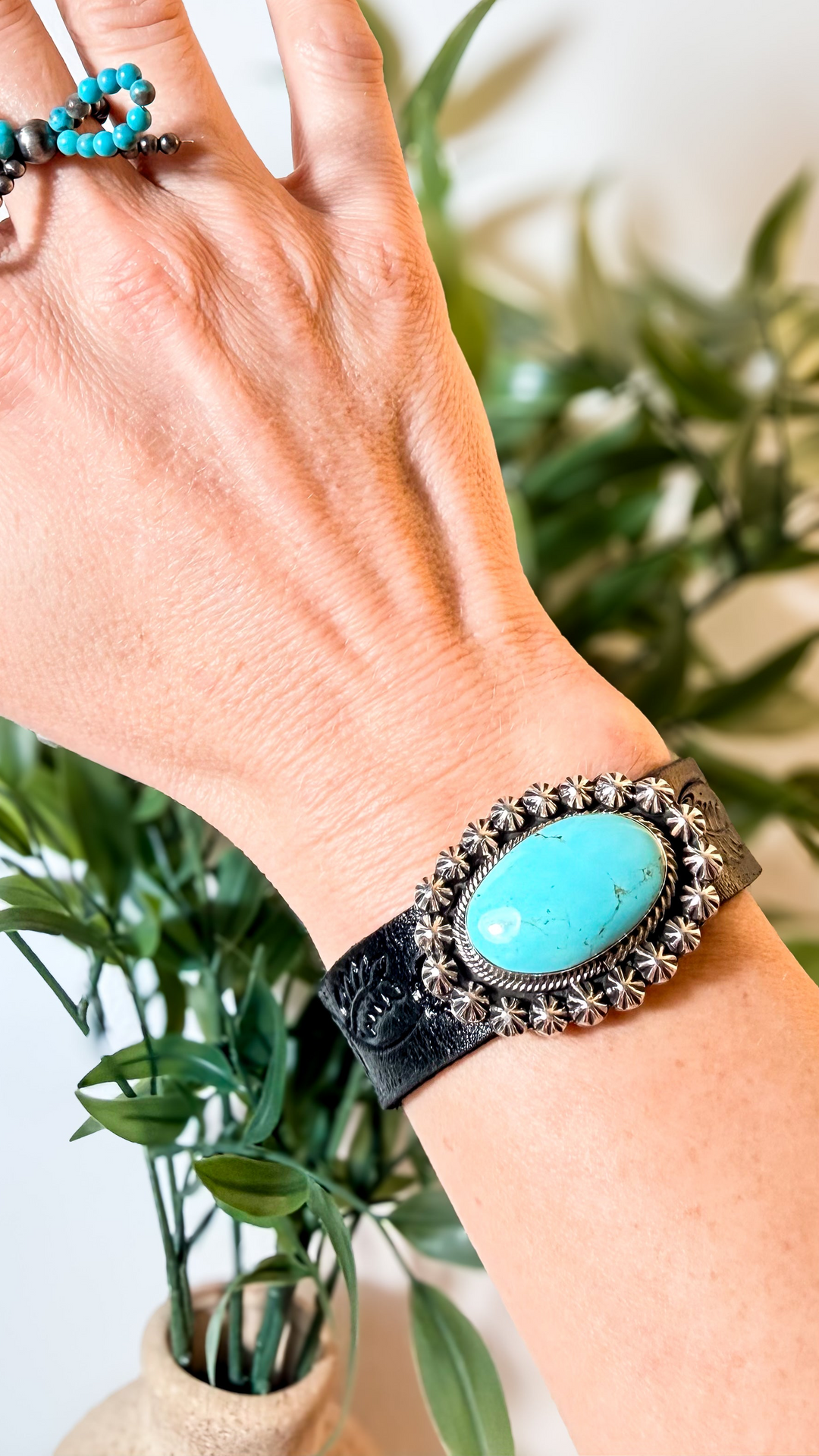 Suzanna Johnson Navajo Turquoise Sterling Silver & Leather Cuff | 5.75-6.5”