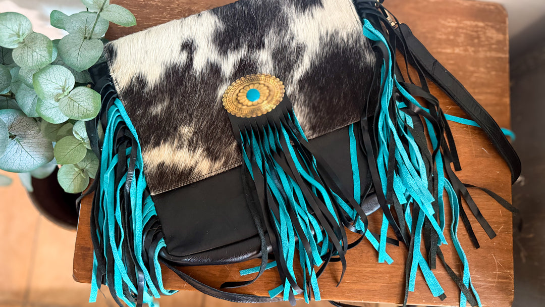Turquoise Gold Cowhide Crossbody Bag | Genuine Leather Western Fringe Purse
