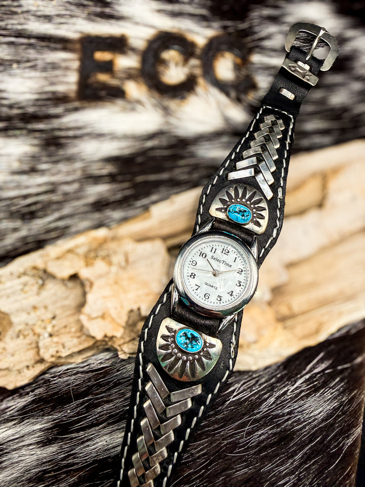 Navajo Kingman Turquoise Sterling Silver & Leather Cuff Watch