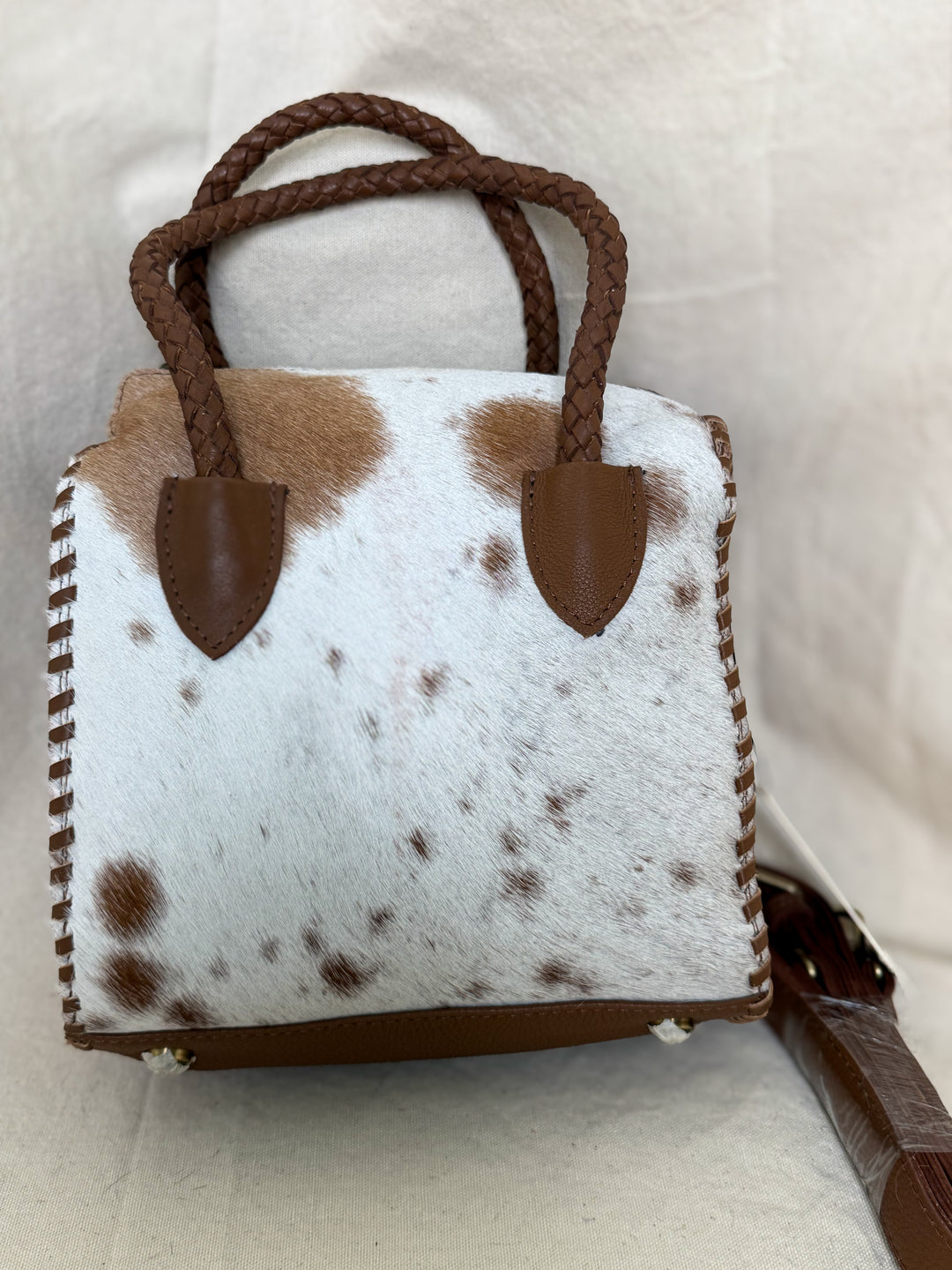 Soft & Strong™ Cowhide Satchel | Caramel & White Genuine Hair-On Hide Leather Handbag