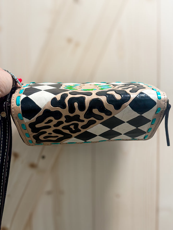 Royston Punch | Hand-Tooled Black & White Checkered Cheetah Turquoise Leather Phone Wallet Wristlet
