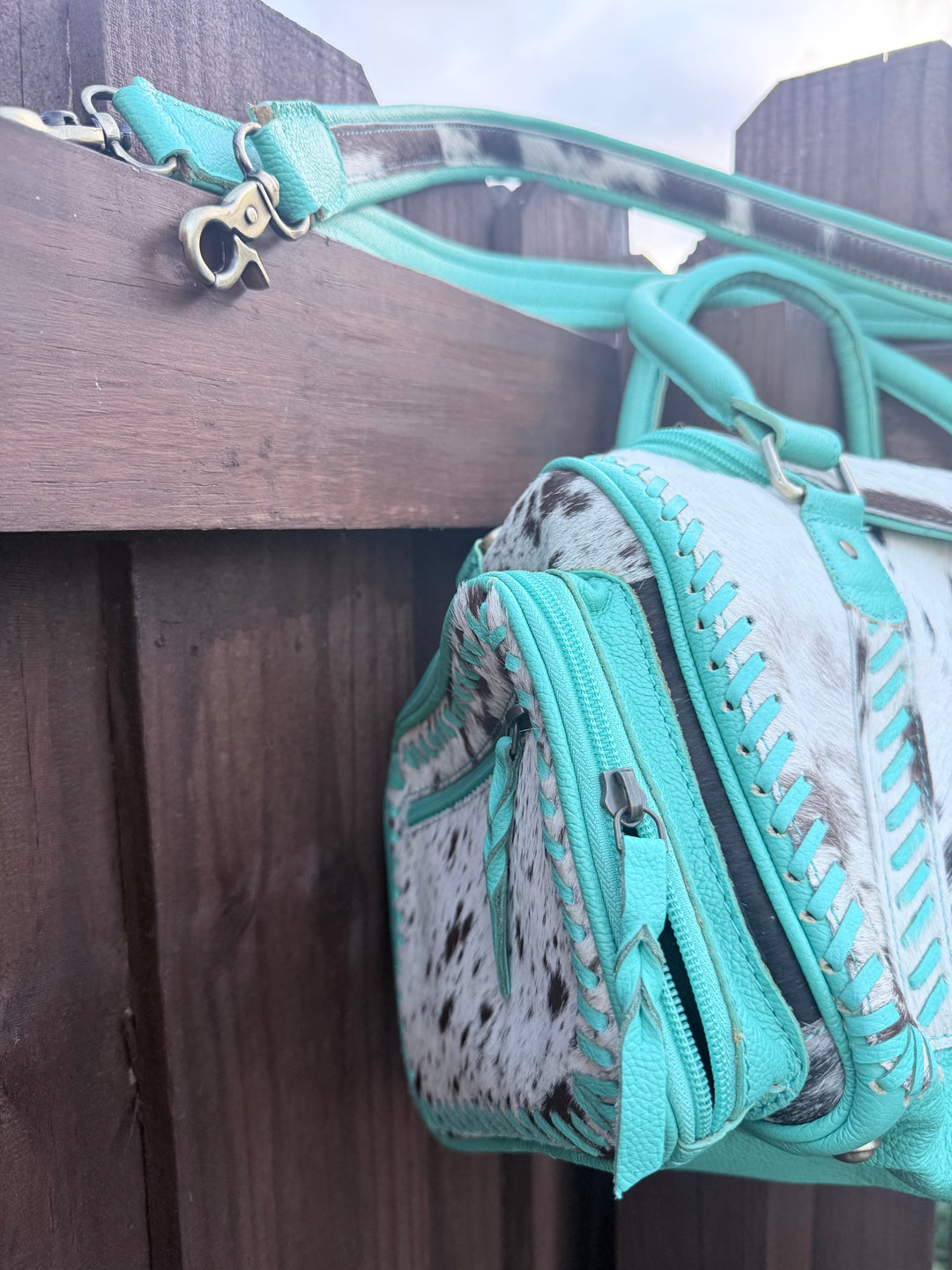 The Tipheni Mini Duffel | Mint Green Leather & Speckled Cowhide Gym Bag
