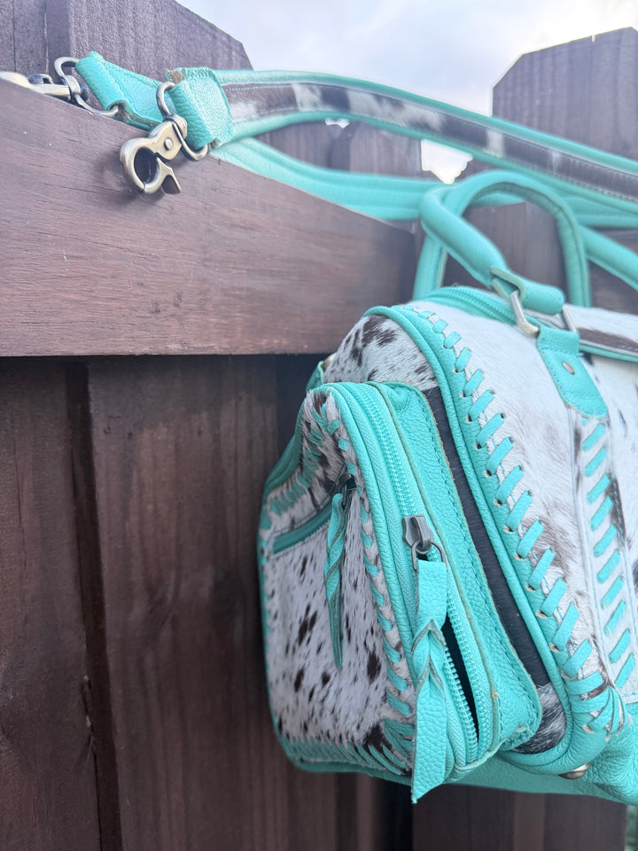The Tipheni Mini Duffel | Mint Green Leather & Speckled Cowhide Gym Bag