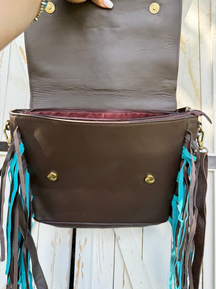 Turquoise Gold Cowhide Crossbody Bag | Genuine Leather Western Fringe Purse