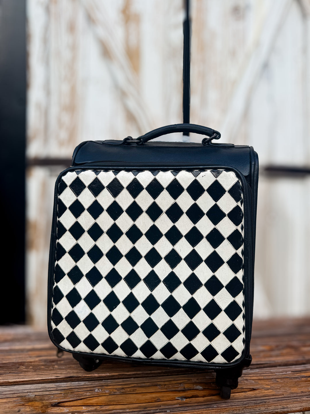 Black & White Diamond Check Leather Rolling Carry-On Suitcase | Small Travel Luggage
