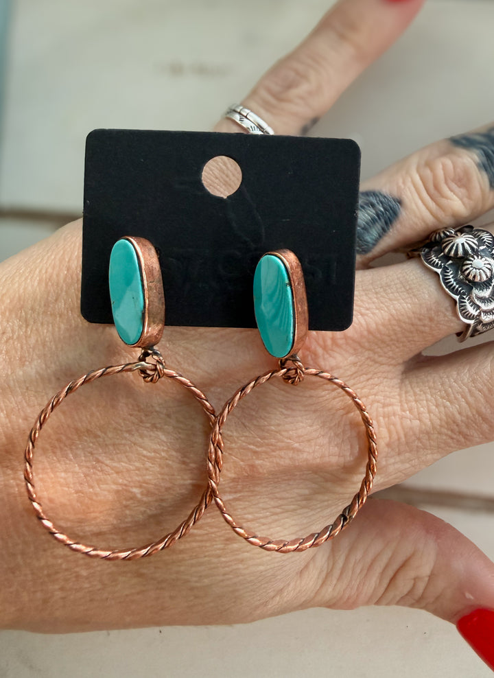 Turquoise Mojave & Copper Southwestern Hoop Dangle Earrings