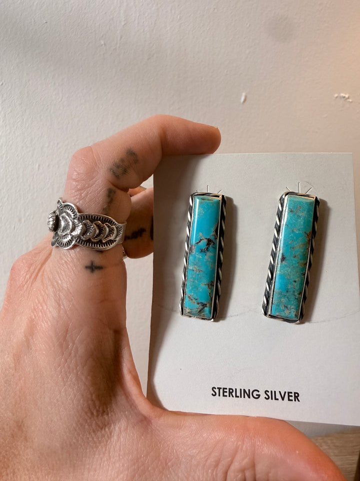 Steve Francisco Navajo Handmade Kingman Turquoise Bar Earrings