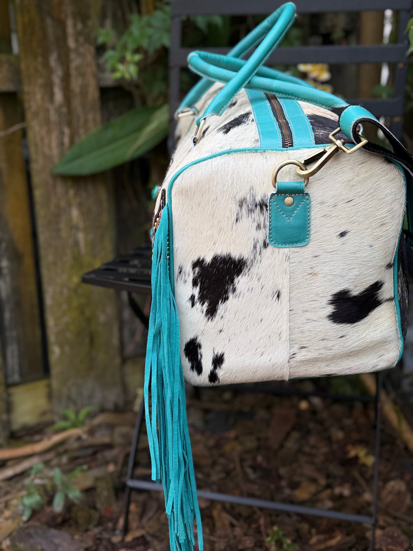 Terminal to Trail : Turquoise Leather & Cowhide Duffel Bag