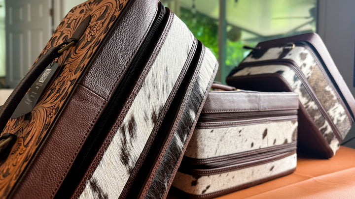 The Double Decker in Chocolate Brown | Large Dark Brown and White Cowhide and Tooled Leather Jewelry Case