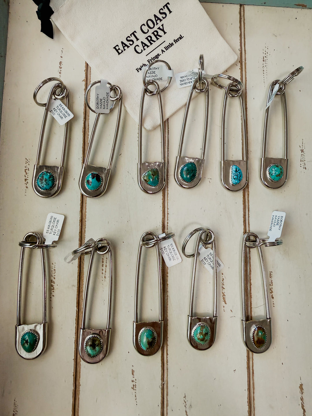 Dorothy Yazzie Kingman Turquoise Giant Safety Pin Keychain | Navajo Handmade
