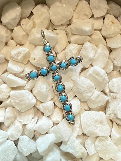 Handmade Zuni Kingman Sterling Silver Turquoise Cross Pendant (signed)