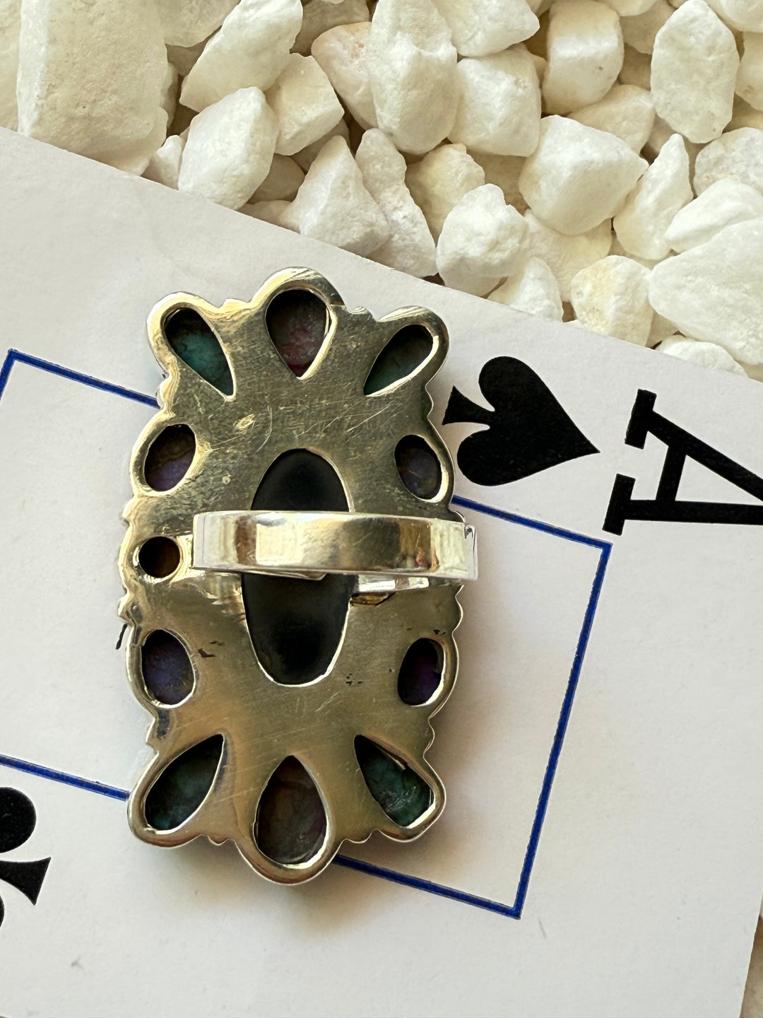 Southwestern 925 Handcrafted Mosiac Onyx, Turquoise, Spiny Oyster Asjustable Ring