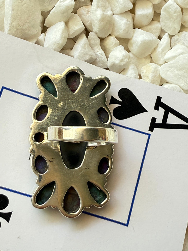 Southwestern 925 Handcrafted Mosiac Onyx, Turquoise, Spiny Oyster Asjustable Ring