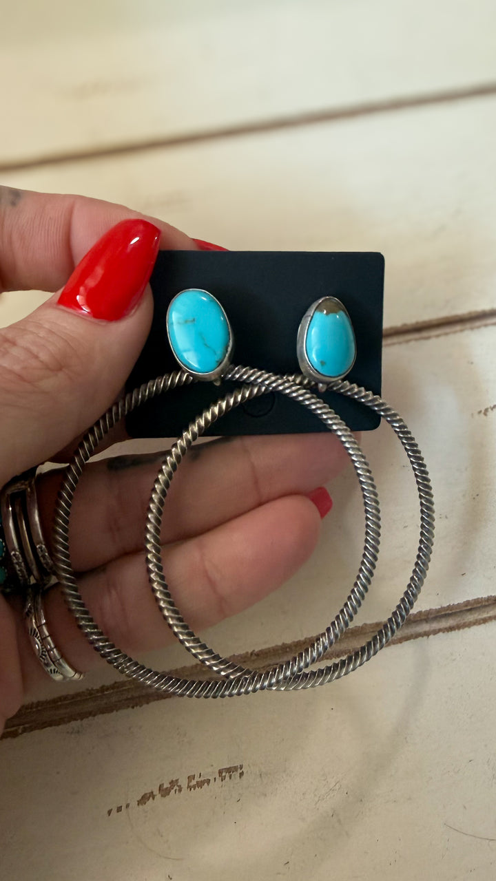 Verley Betone Navajo Handmade Turquoise & Sterling Silver Hoop Earrings