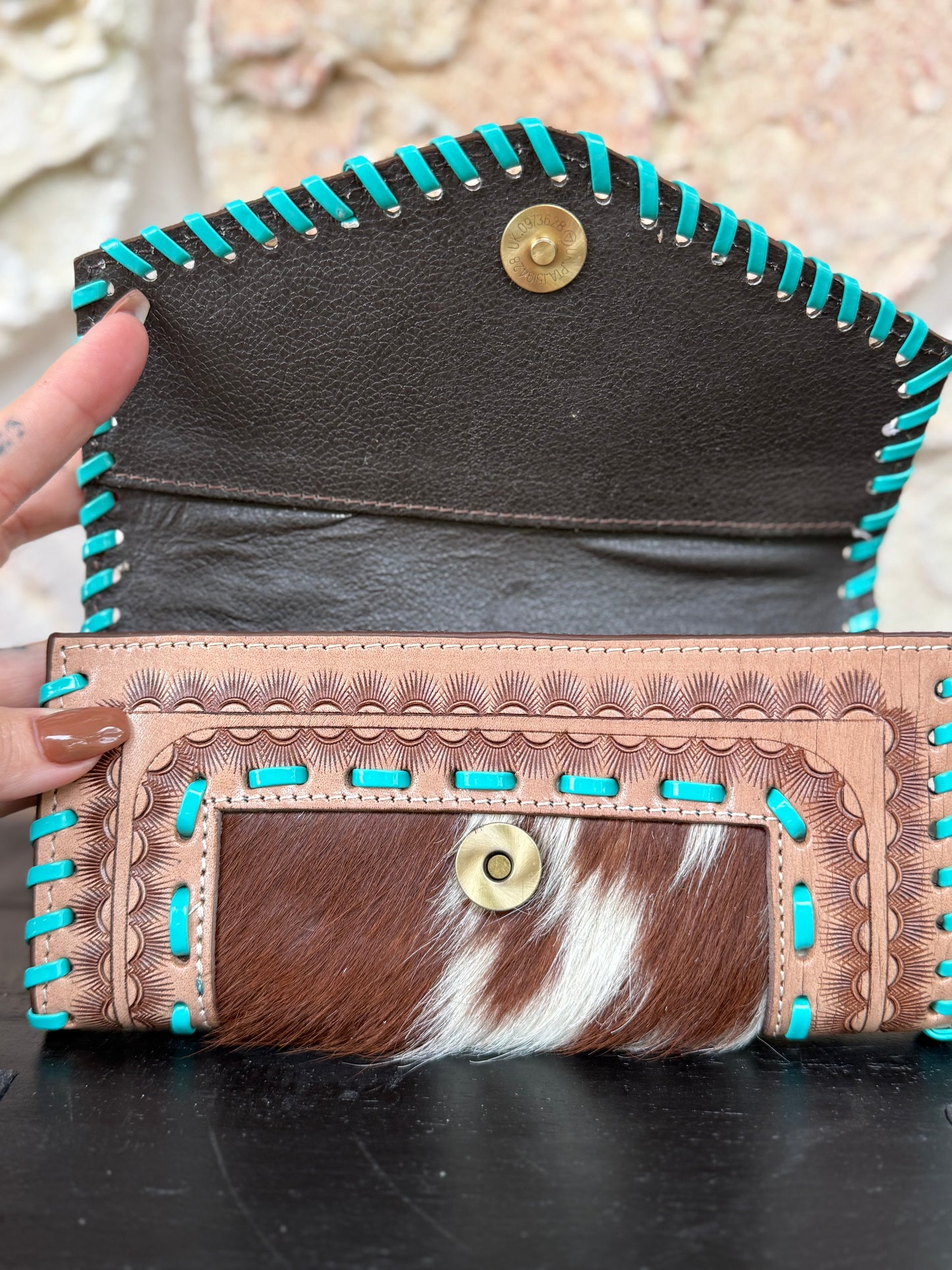 Turquosie Tangle : Tooled Leather Turquoise Stitched Cowhide Wallet
