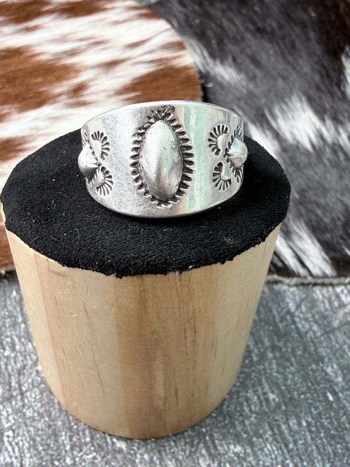 Jan Mariano Navajo Sterling Silver Cigar Band Ring | Size 8 Hand Stamped Native American Ring
