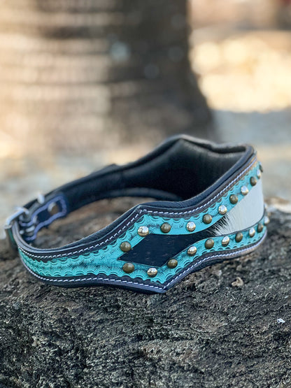 TURQUOISE OULAW (XL) Hand tooled leather and cowhide studded dog collar