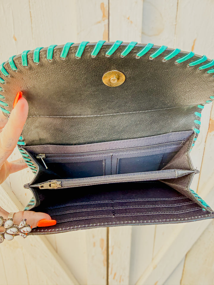 Kingman Blue Phone Clutch | Stamped Southwestern Leather Wallet Clutch with Whipstitch & Painted Turquoise Detail