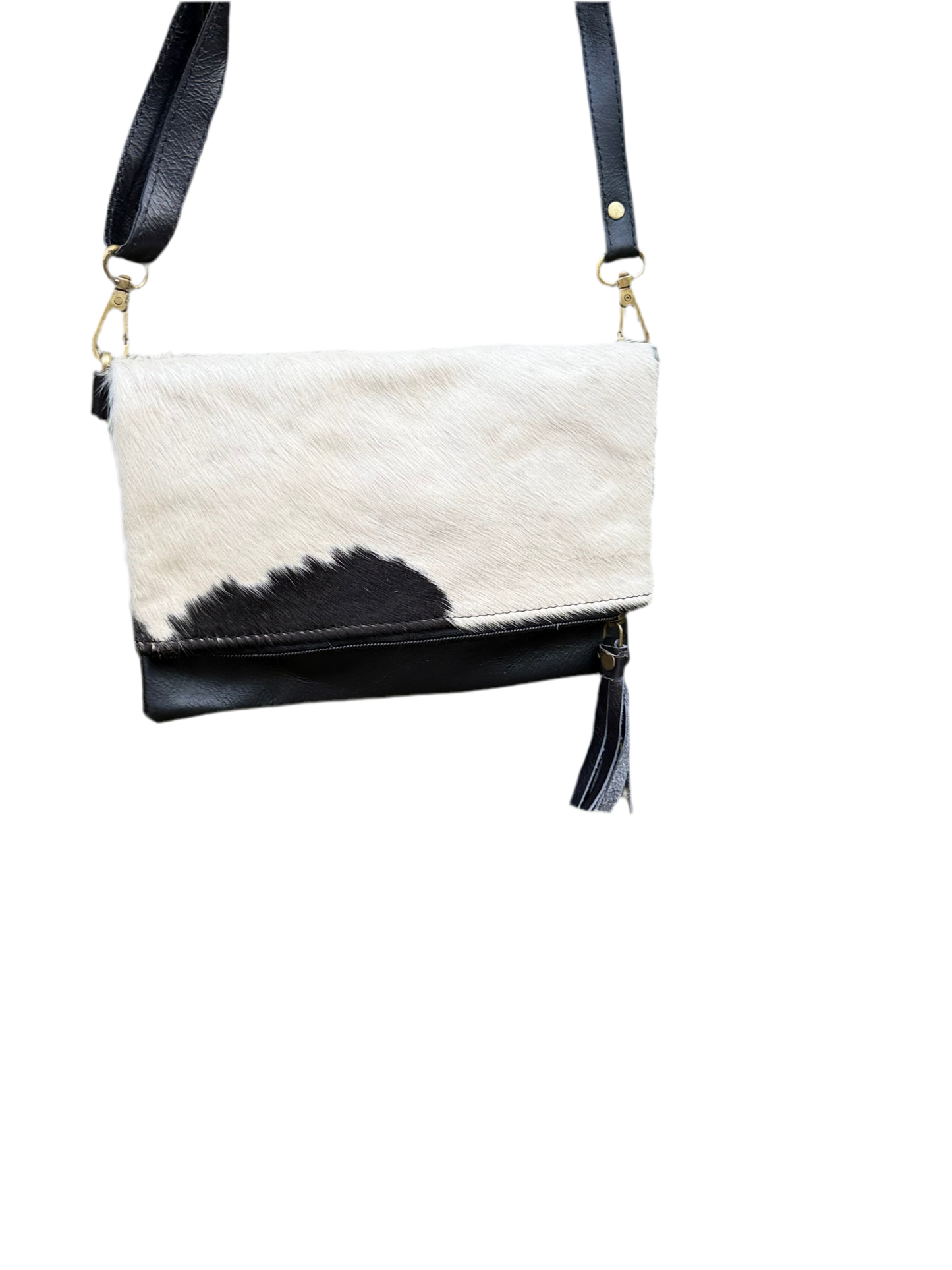 Hide Away Foldover: Small Elegant Black Leather and Hair on Cowhide Crossbody Foldover Purse