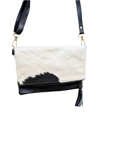 Hide Away Foldover: Small Elegant Black Leather and Hair on Cowhide Crossbody Foldover Purse