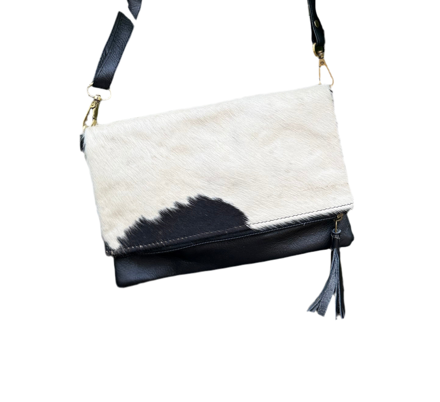 Hide Away Foldover: Small Elegant Black Leather and Hair on Cowhide Crossbody Foldover Purse
