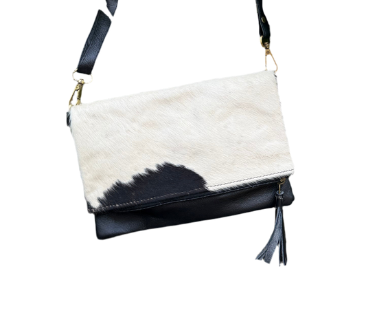 Hide Away Foldover: Small Elegant Black Leather and Hair on Cowhide Crossbody Foldover Purse