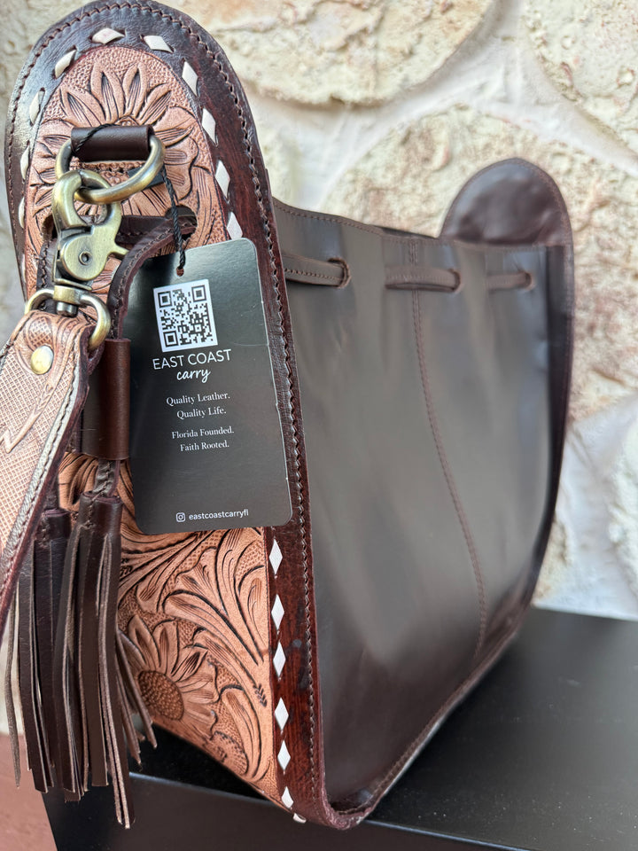 Shotgun Rider Bucket Bag | Cowhide Bucket Bag with Tooled Leather – Western Crossbody Purse – Hair-On Hide Shoulder Bag