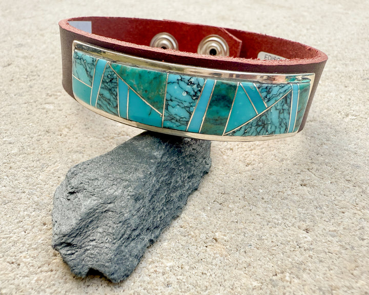 Navajo Turquoise Inlay Leather Cuff Bracelet – Handmade Sterling & Leather – Adjustable Snap Fit – Edison Yazzie