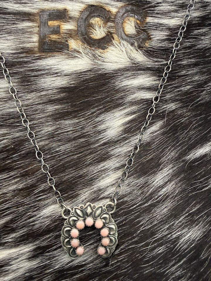 Handmade Navajo sterling silver naja necklace with pink conch stones signed by Native American artist R Livingston