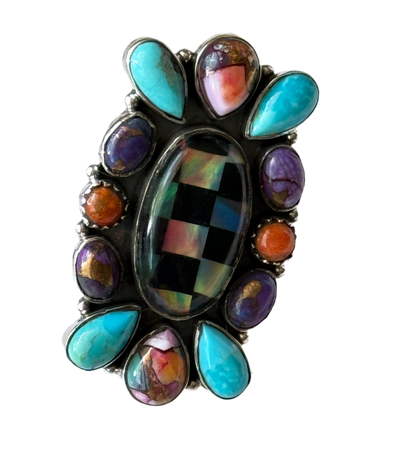 Southwestern 925 Handcrafted Mosiac Onyx, Turquoise, Spiny Oyster Asjustable Ring