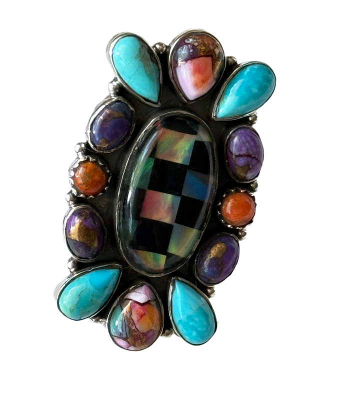 Southwestern 925 Handcrafted Mosiac Onyx, Turquoise, Spiny Oyster Asjustable Ring