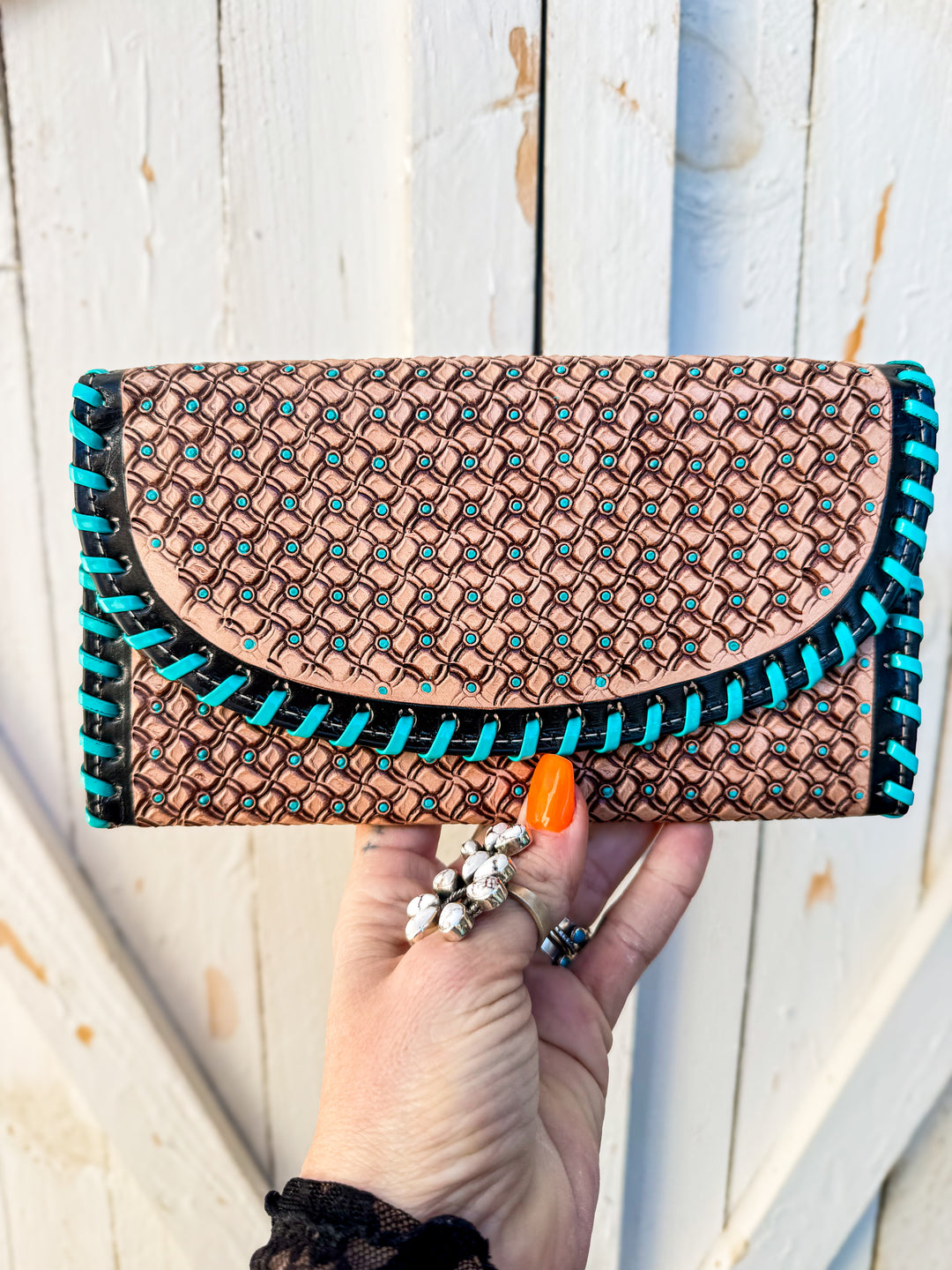 Western leather wallet clutch with turquoise-inspired painted accents