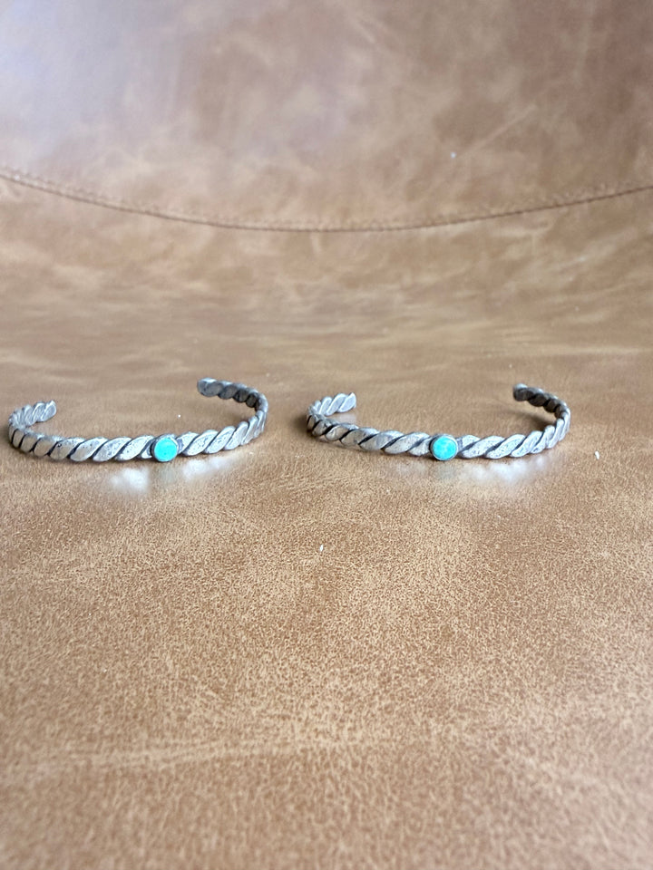 Vintage Sterling Silver & Turquoise Childs Cuff Bracelets | Set of 2