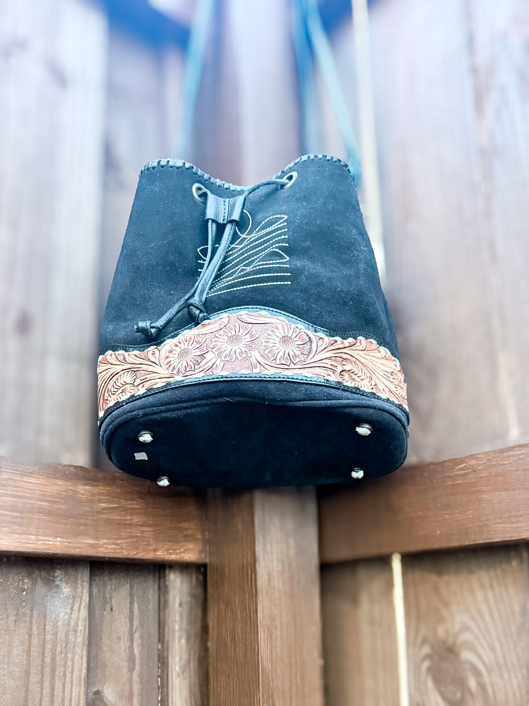 The Bronco Bucket | Black Suede & Tooled Leather Western Bucket Bag