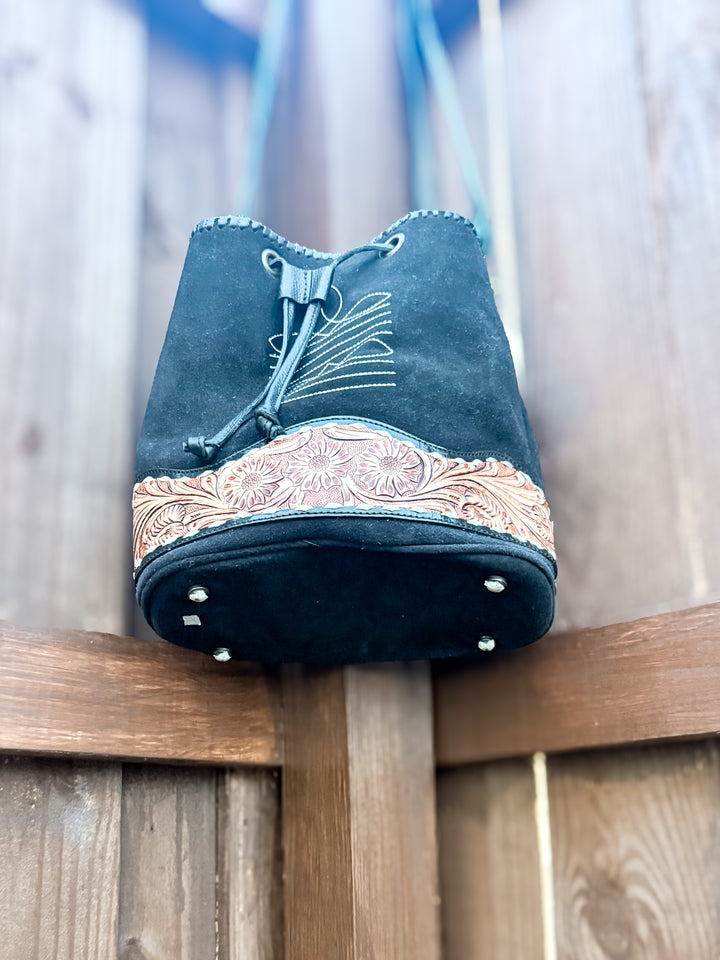 The Bronco Bucket | Black Suede & Tooled Leather Western Bucket Bag