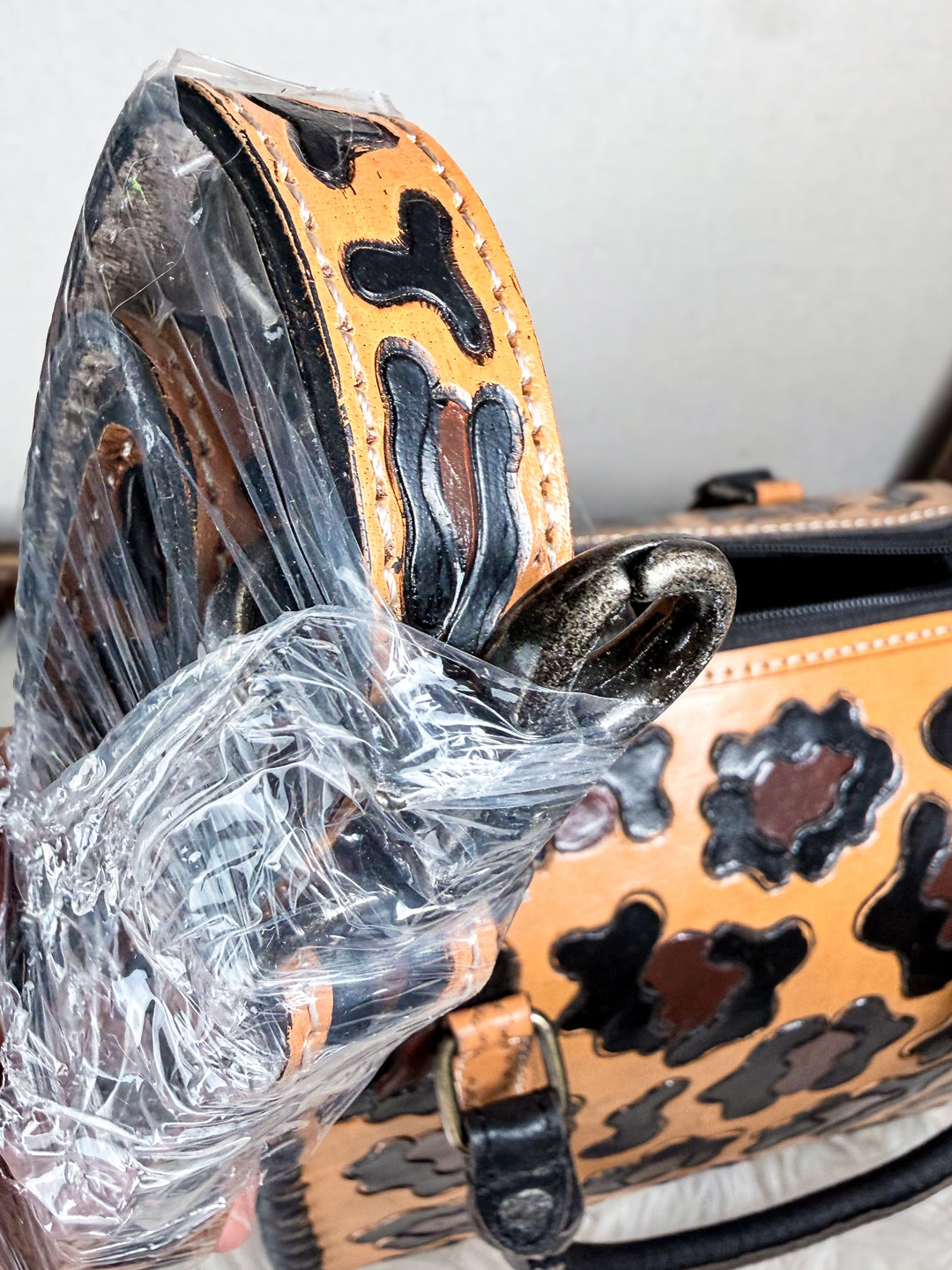 The Speedy Leopard Mini | Tooled Leather Leopard Pattern Structured Bowler Purse