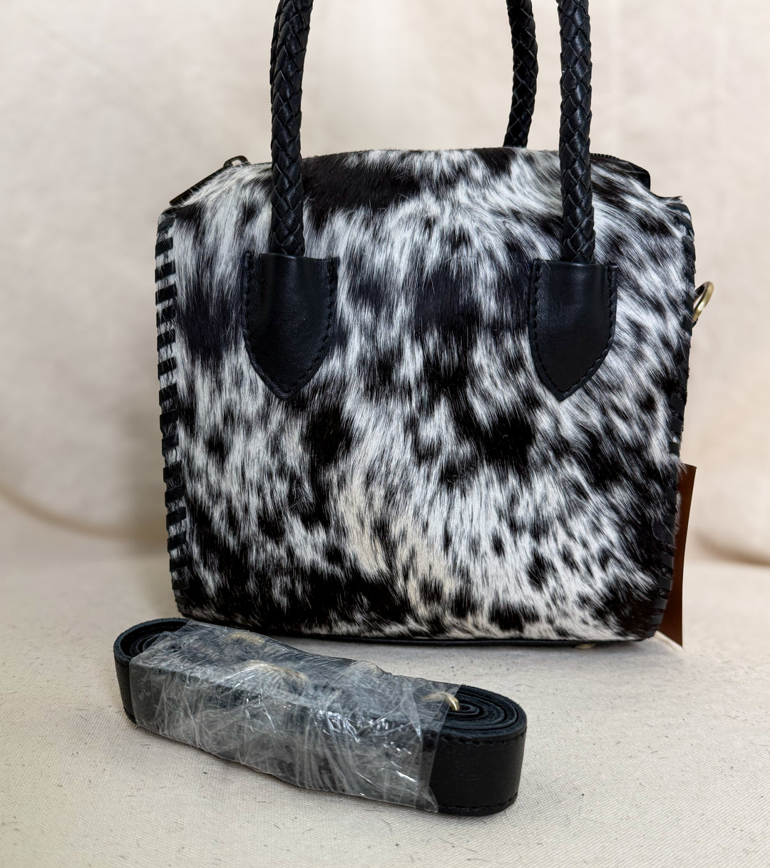 Soft & Strong™ Cowhide Satchel | Black & White Genuine Hair-On Hide Black Leather Handbag