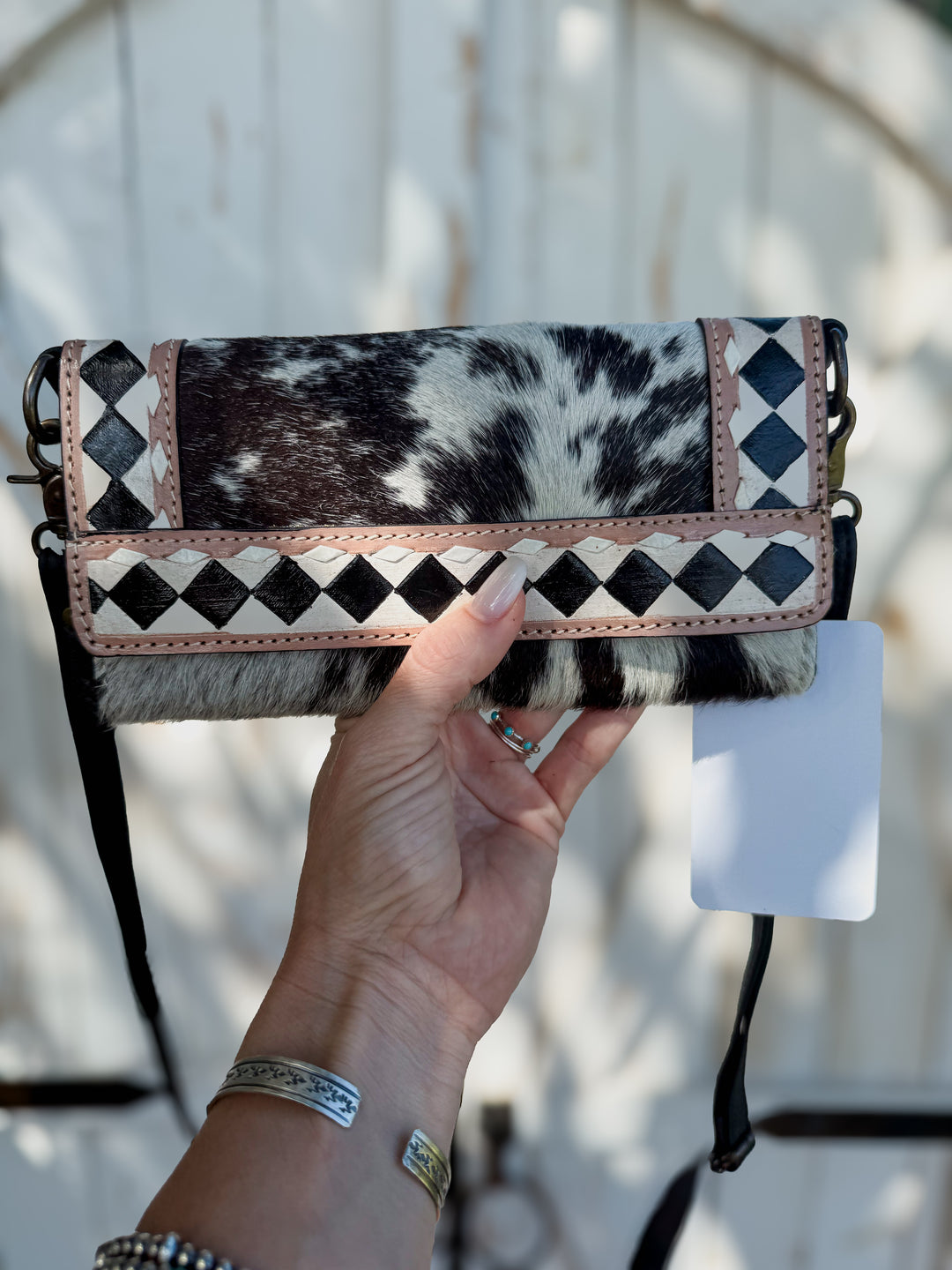 Speed Check Diamond Clutch | Black and White Cowhide Leather Diamond Checkered Convertible Clutch