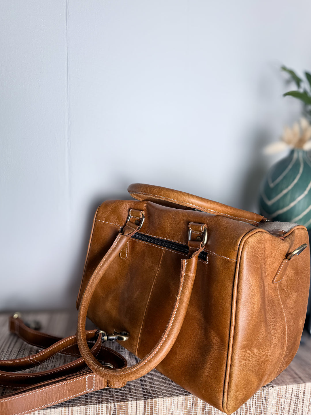 Cowhide Leather Doctor Bag | Tooled Leather Large Handbag with Crossbody Strap