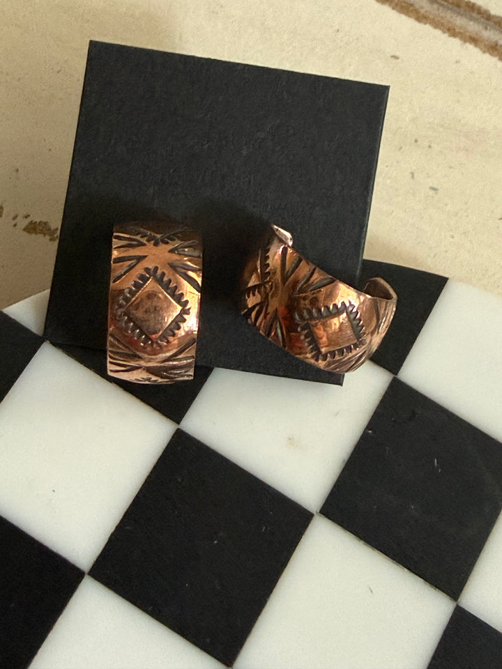 Navajo Handmade Copper Huggie Earrings | Sterling Silver Post Half Hoops