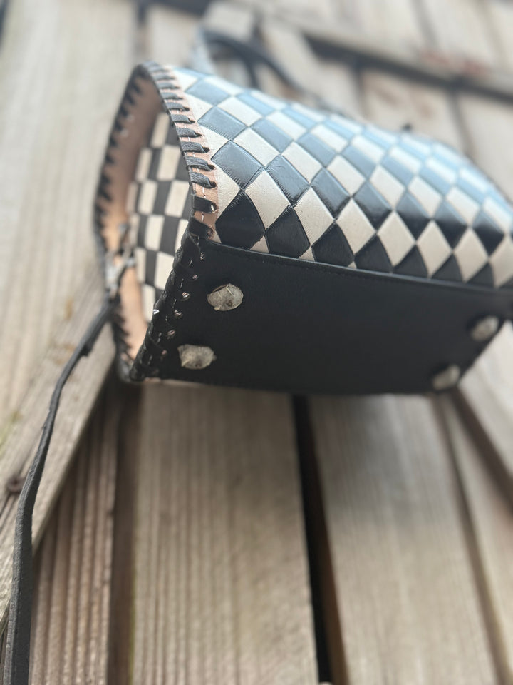 The Speed Check | Handmade Leather Checkered Bowler Bag 3 Sizes Genuine Leather Black White Checkered Tooled Design Structured Satchel