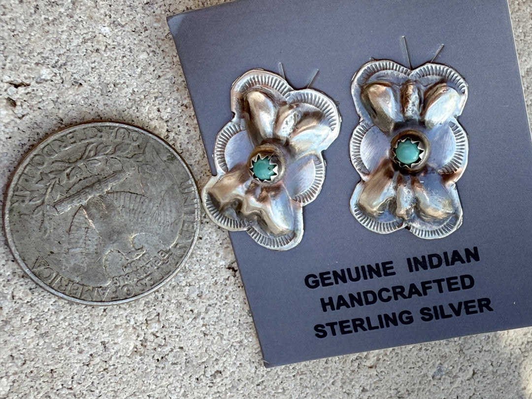 Joan Begay Navajo Handmade Sterling Silver Concho Kingman Turquoise Earrings