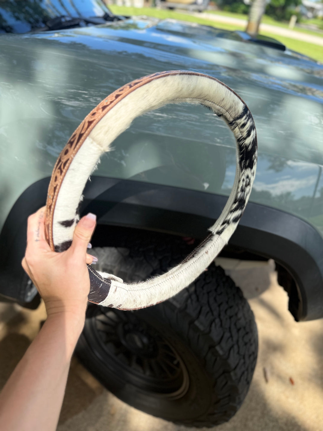 Western Tooled Leather and Cowhide Truck Steering Wheel Cover – Choose 15” or 16″
