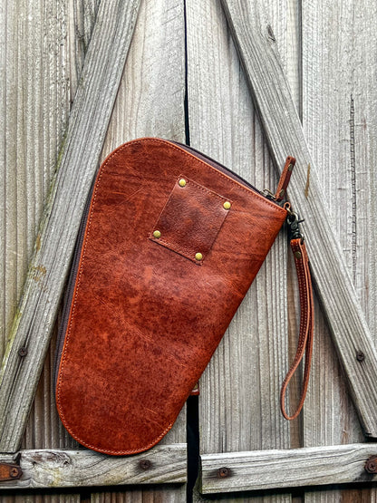 Tooled leather and cowhide zipper handgun case