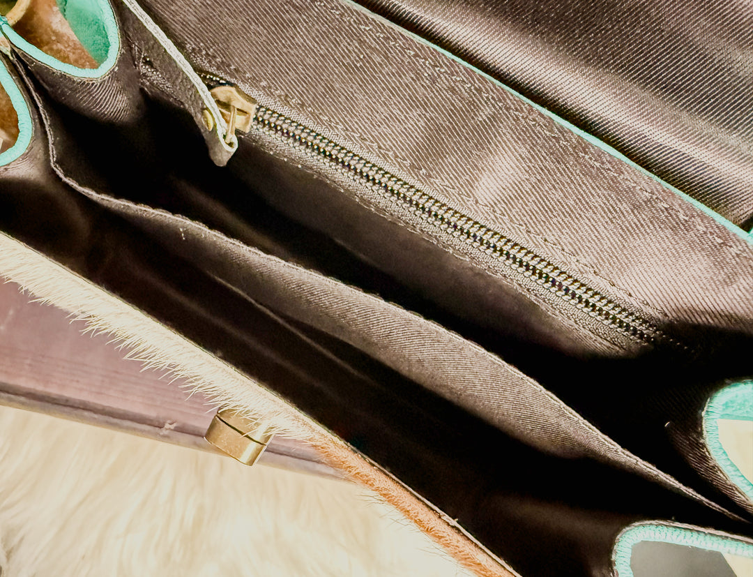 Coastal Hide | Tooled Turquoise Leather + Cowhide Chain Satchel