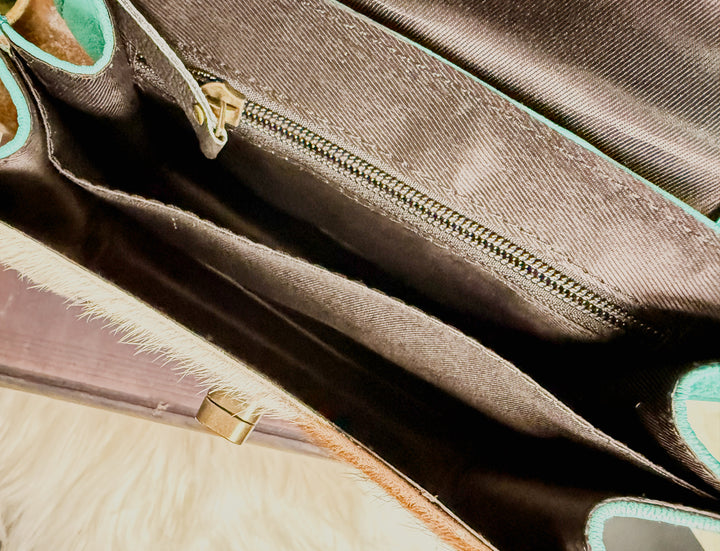 Coastal Hide | Tooled Turquoise Leather + Cowhide Chain Satchel