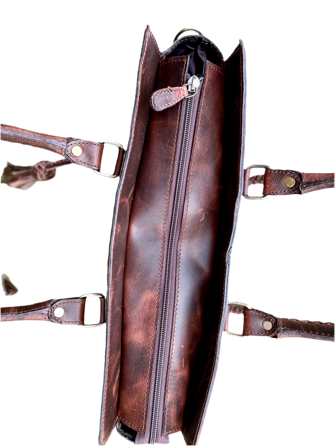 Get to Work Bag | Cowboy brown Concealed Carry Leather and Cowhide braided fringe tote