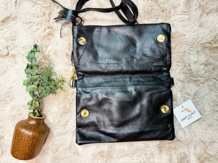 Hide Away Foldover | Small Elegant Black Leather and Hair on Cowhide Crossbody Foldover Purse