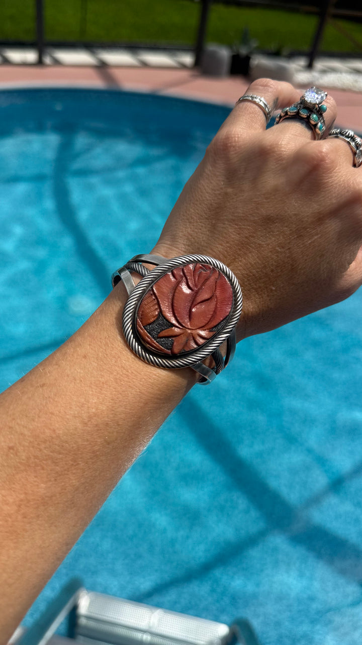 Native American Sterling Silver Tooled Leather Rose Cuff Bracelet | Signed LD | Handmade Floral 6” Western Cuff