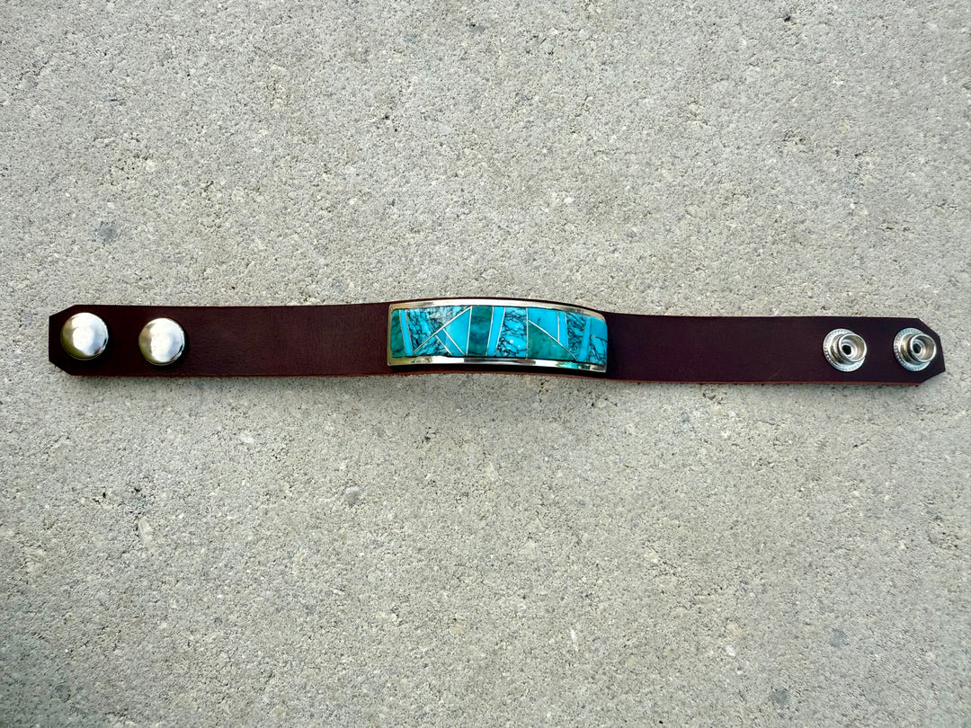 Navajo Turquoise Inlay Leather Cuff Bracelet – Handmade Sterling & Leather – Adjustable Snap Fit – Edison Yazzie